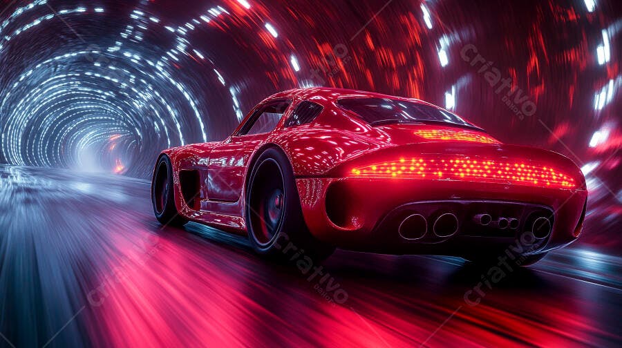 Carro esportivo vermelho em túnel futurista com luzes neon de alta velocidade