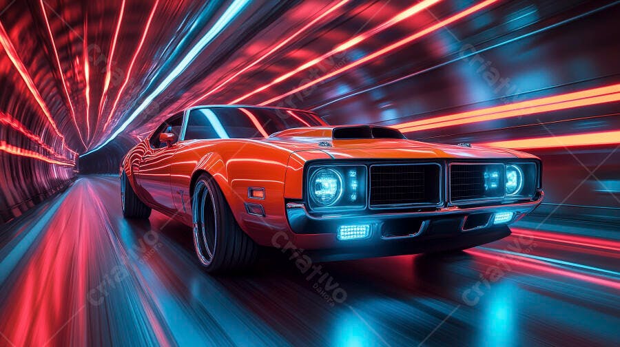 Carro muscle clássico laranja em túnel futurista neon vermelho e azul