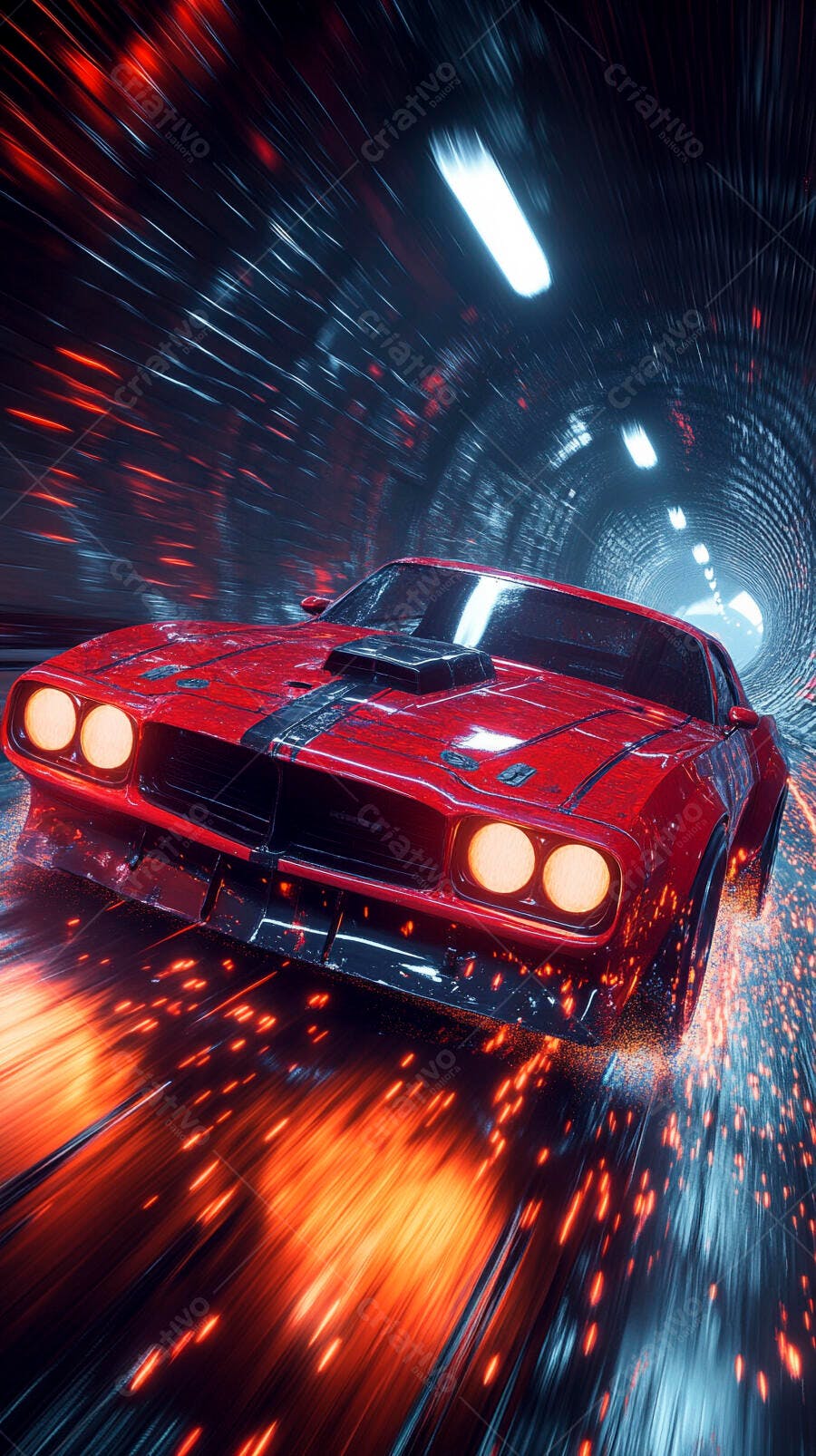 Carro esportivo vermelho em alta velocidade no túnel futurista com faíscas