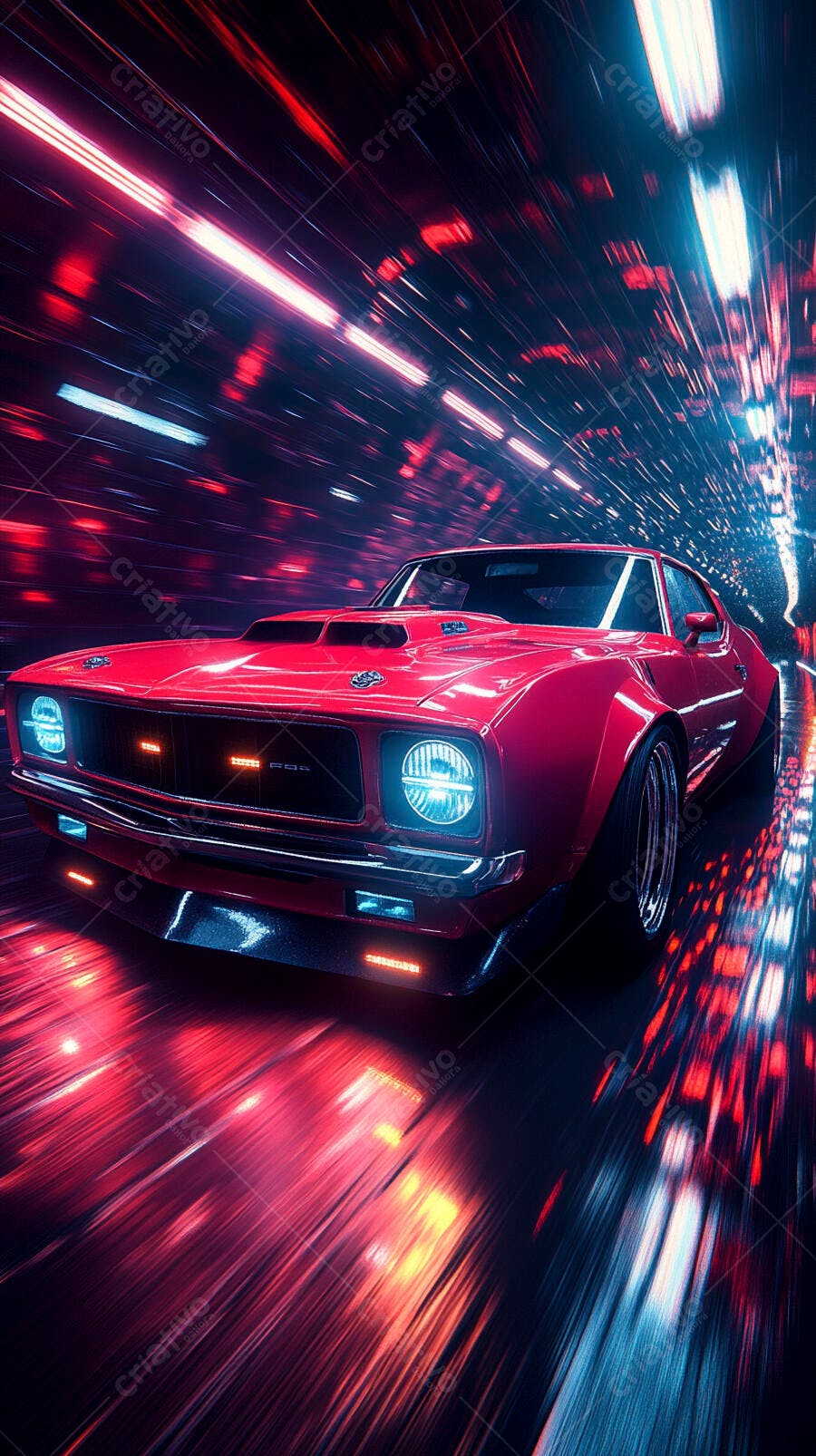 Carro esportivo vermelho clássico em túnel futurista com luzes neon