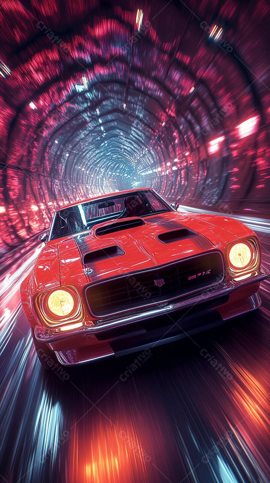 Carro esportivo vermelho em túnel futurista com luzes neon e alta velocidade