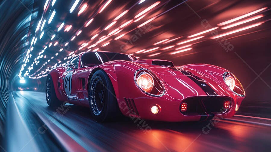 Carro esportivo vintage vermelho em túnel vibrante de alta velocidade