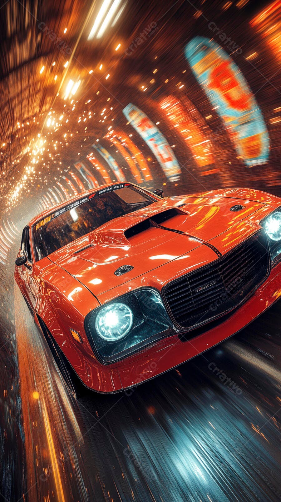 Carro esportivo vermelho em alta velocidade dentro de túnel iluminado
