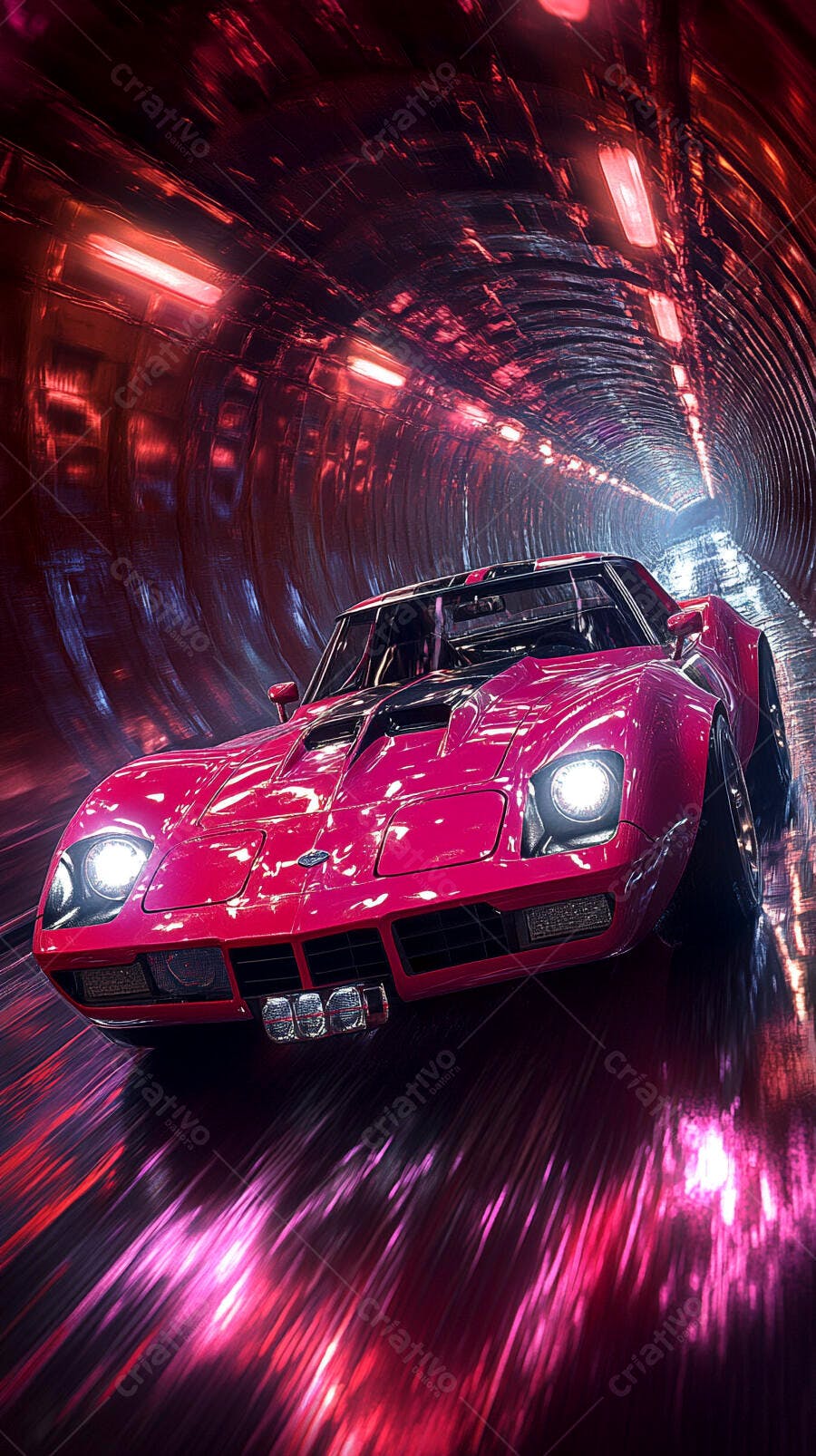 Corvette rosa vibrante em túnel futurista com luzes neon