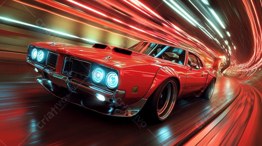 Carro esportivo vermelho clássico em alta velocidade no túnel futurista