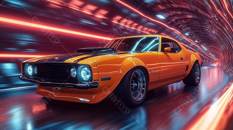 Carro muscle laranja em túnel futurista com luzes neon