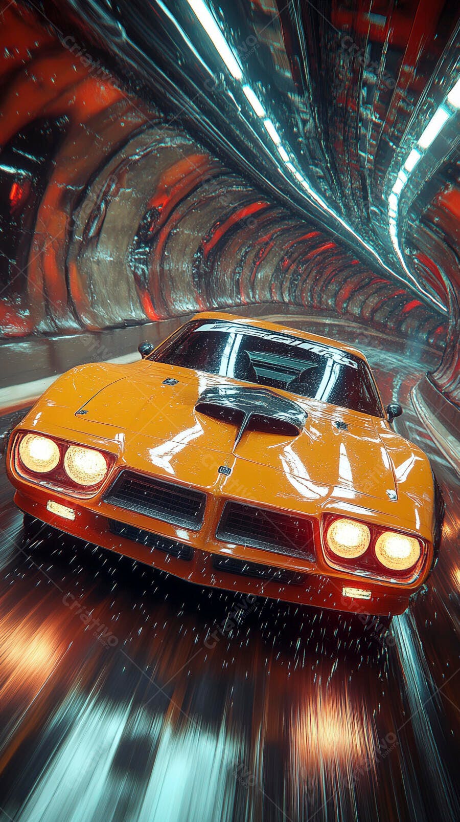 Carro esportivo laranja em túnel futurista neon veloz