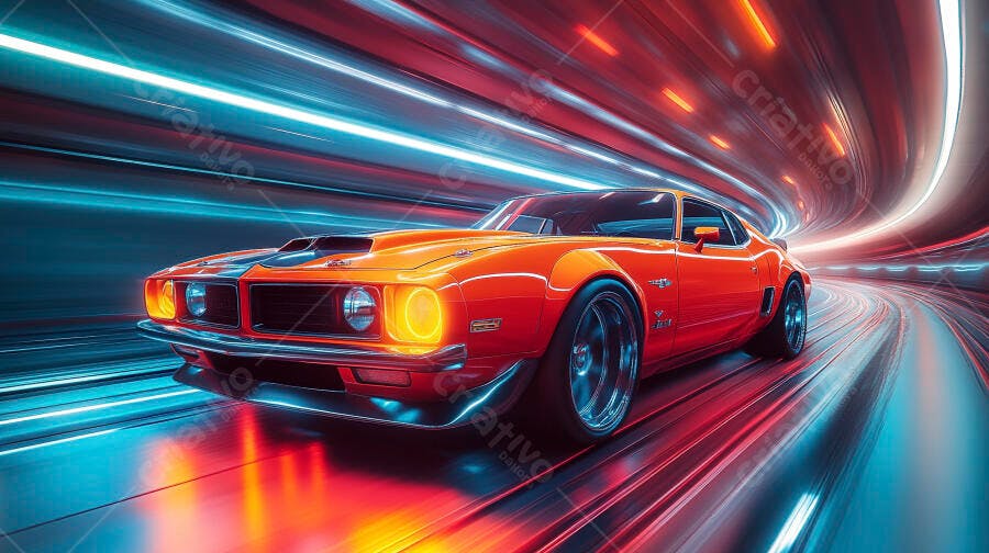 Carro esportivo laranja em túnel de luzes neon em alta velocidade