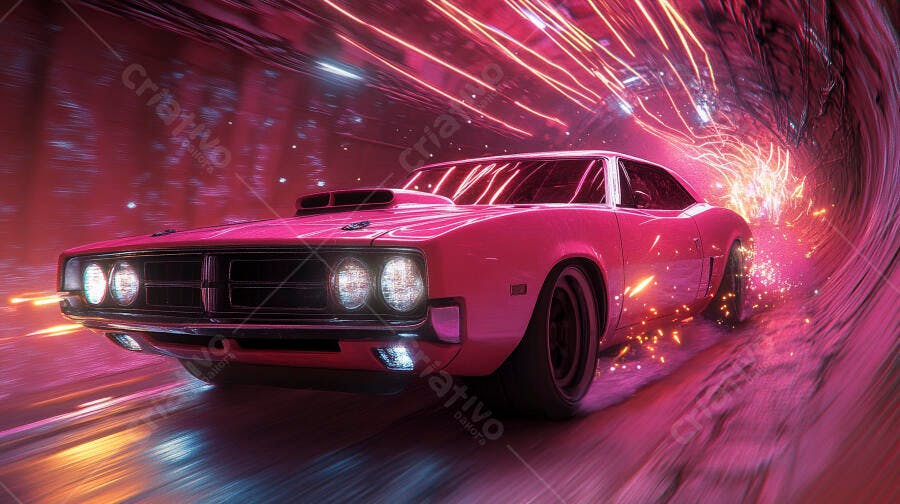 Carro clássico rosa em túnel neon futurista com rastros de luz