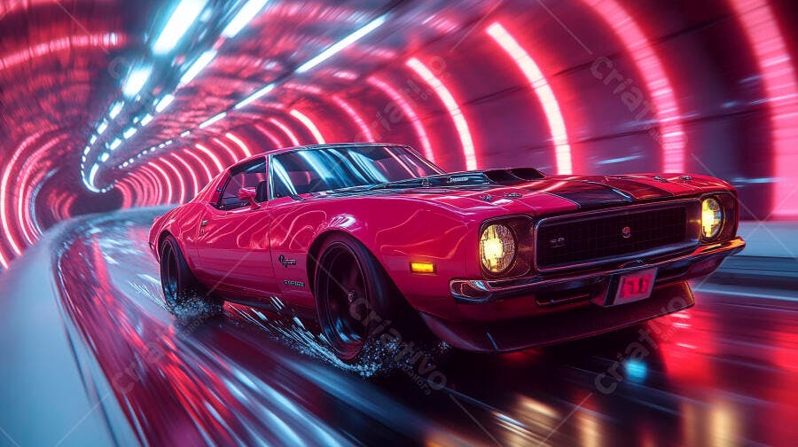 Carro esportivo magenta em túnel neon futurista com reflexos vermelhos