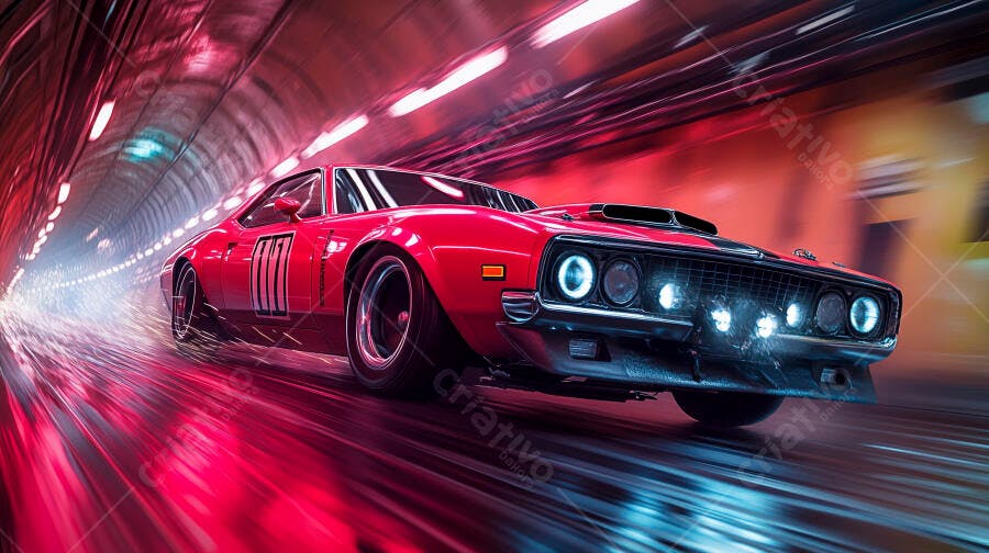 Carro esportivo vermelho em túnel neon futurista com velocidade