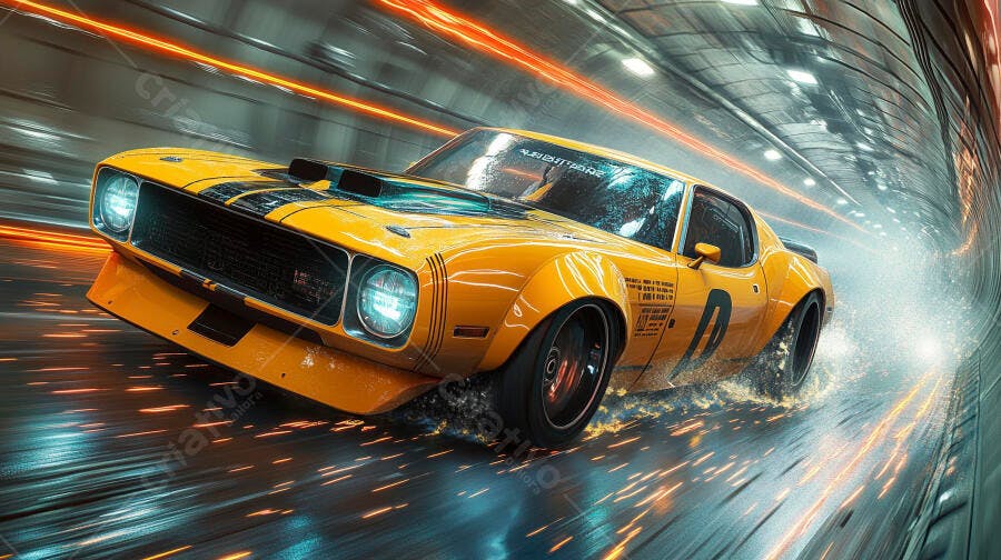 Carro muscle amarelo com faixas pretas correndo em alta velocidade túnel neon molhado
