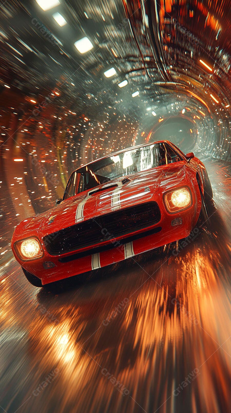 Carro esportivo vermelho clássico em túnel futurista de alta velocidade
