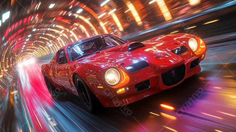 Carro esportivo clássico vermelho em túnel futurista com luzes vibrantes e velocidade