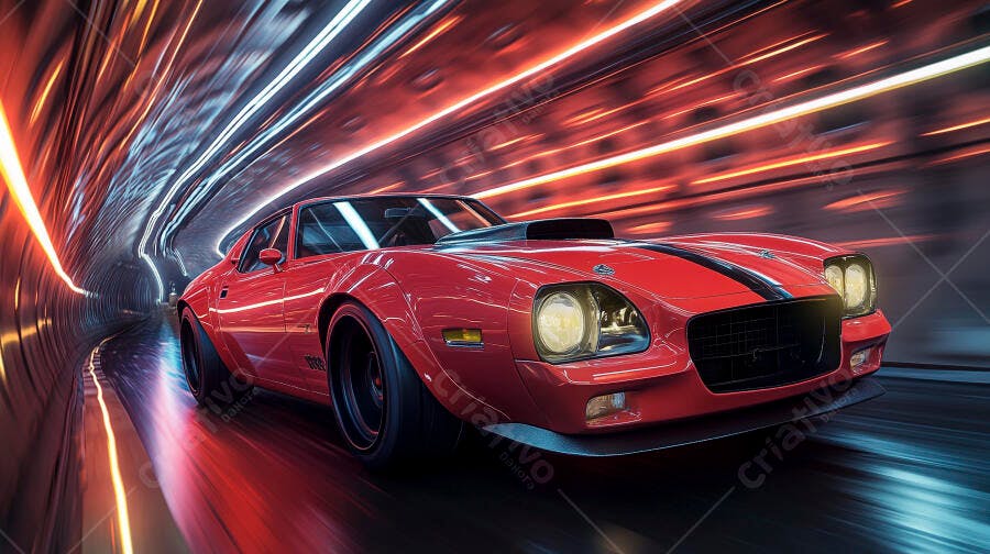 Muscle car vermelho em alta velocidade no túnel futurista com luzes vibrantes