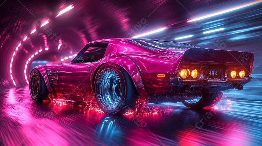 Carro esportivo rosa metálico em túnel neon futurista com alta velocidade