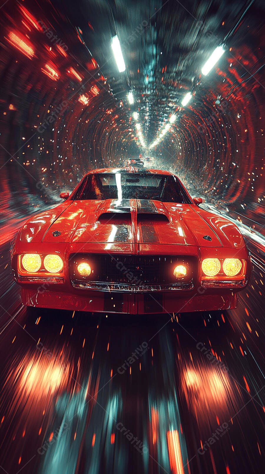Carro esportivo vermelho clássico em túnel futurista com luzes de velocidade