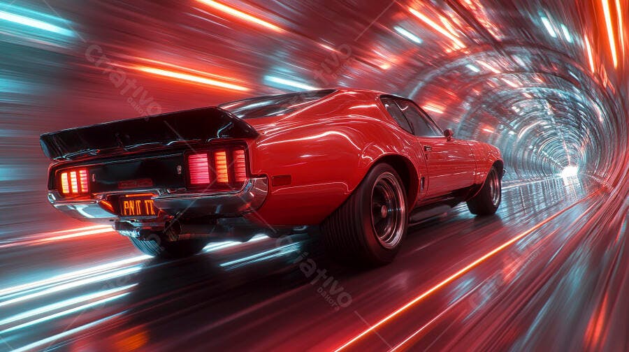 Carro esportivo vermelho em túnel futurista de luzes neon
