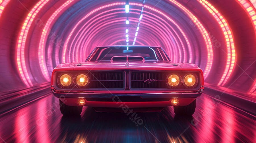 Carro esportivo vermelho em túnel futurista com luzes neon vibrantes