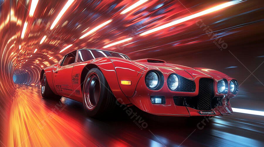 Carro esportivo vermelho veloz em túnel futurista com luzes laranjas e azuis