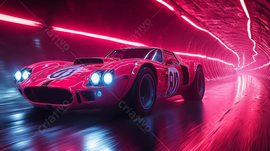 Carro esportivo clássico rosa neon em túnel futurista iluminado com luzes azuis