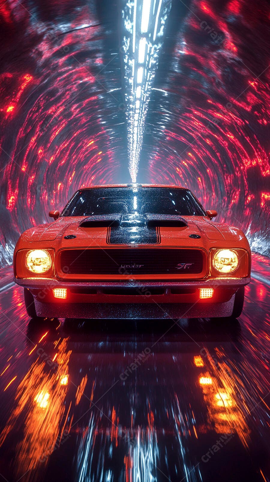 Carro esportivo laranja com faixas pretas em túnel futurista iluminado
