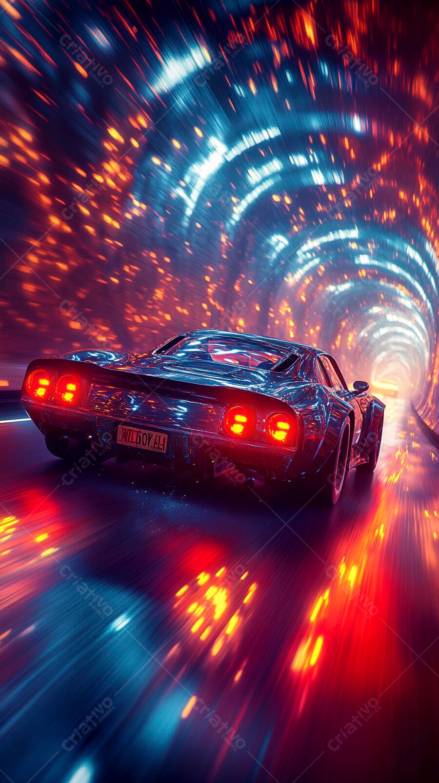 Carro esportivo veloz em túnel futurista neon azul e laranja
