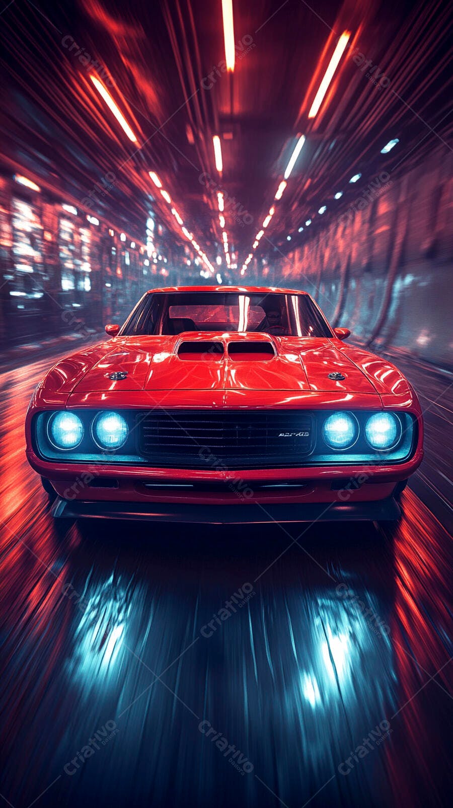Carro esportivo vermelho em túnel futurista com luzes de velocidade