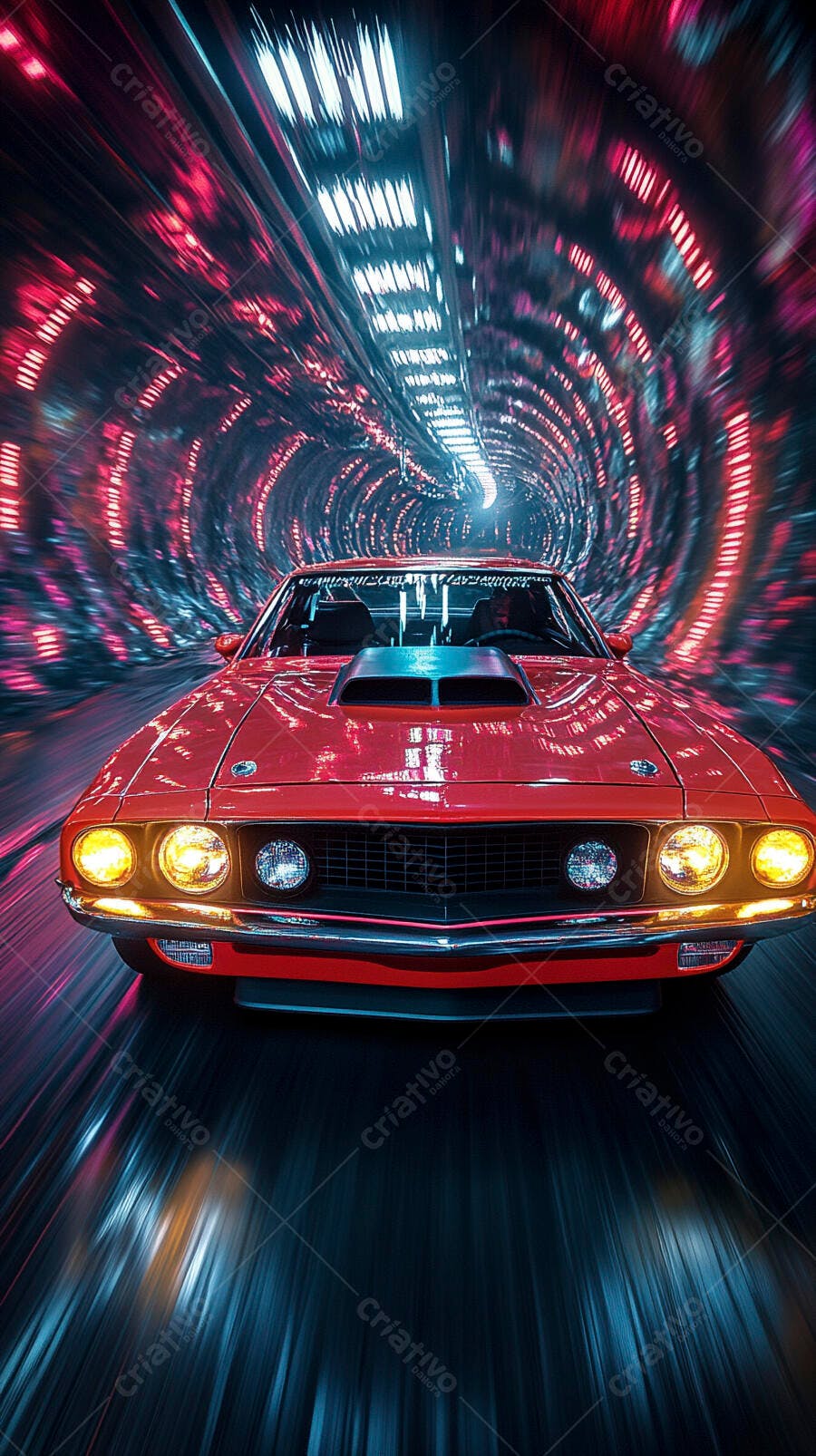 Carro esportivo vermelho em túnel futurista com luzes neon vibrantes