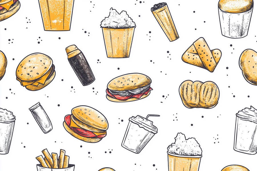 Padrão de fast food vintage com hambúrgueres batatas fritas milkshakes e refrigerantes