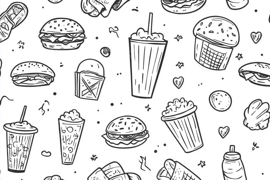 Padrão sem costura de fast food desenhado à mão em preto e branco