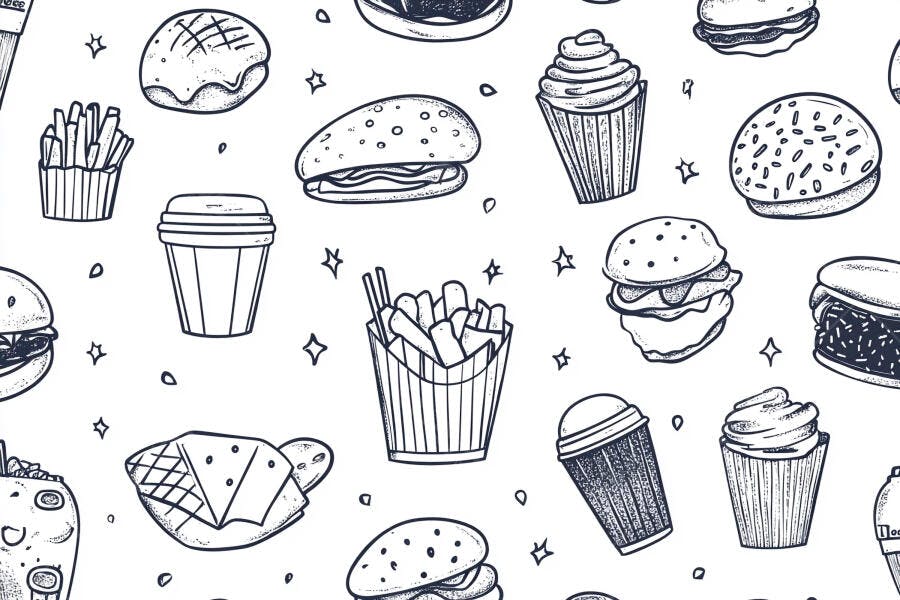 Padrão sem costura de fast food e bebidas desenhado à mão estilo doodle
