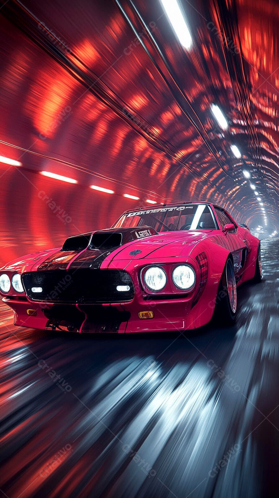 Carro esportivo rosa e preto em túnel iluminado por neon vermelho