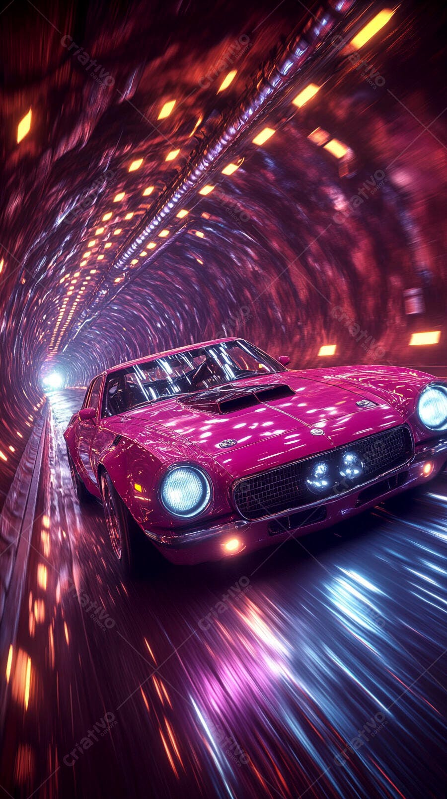 Carro esportivo rosa em túnel futurista com luzes neon vibrantes
