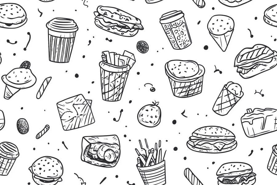 Padrão sem costura de ilustrações de fast food e lanches em preto e branco