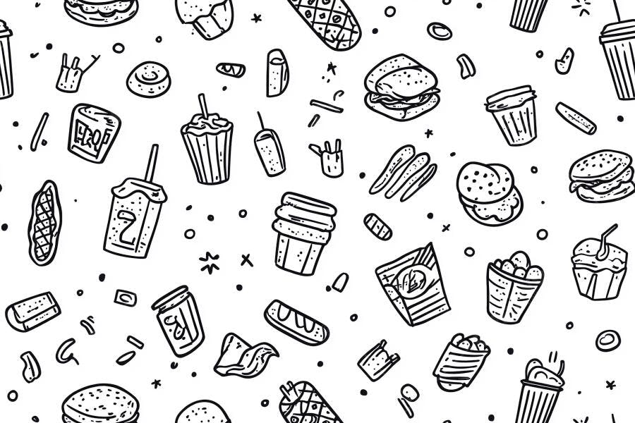 Padrão sem costura de comida rápida e lanches desenho à mão preto e branco