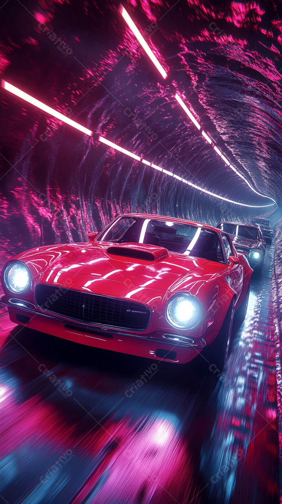 Carro esportivo vermelho em túnel neon retrofuturista