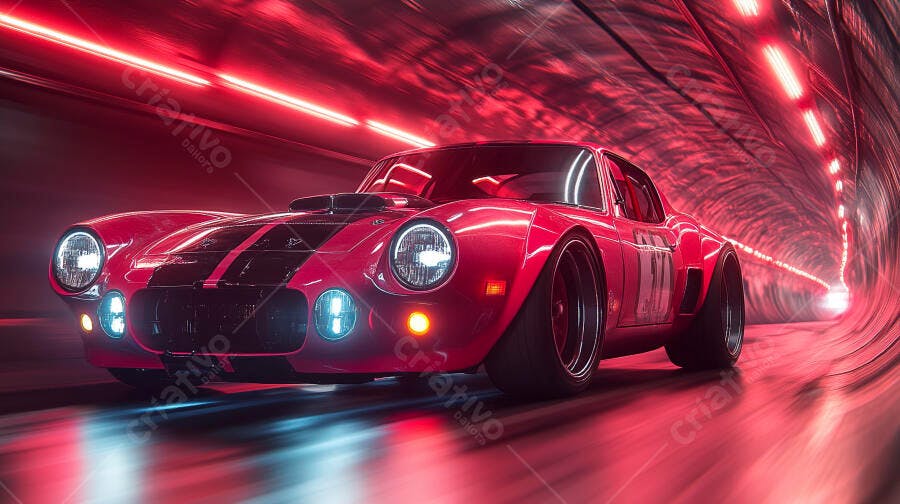Carro esportivo vermelho com listras pretas em túnel neon vibrante