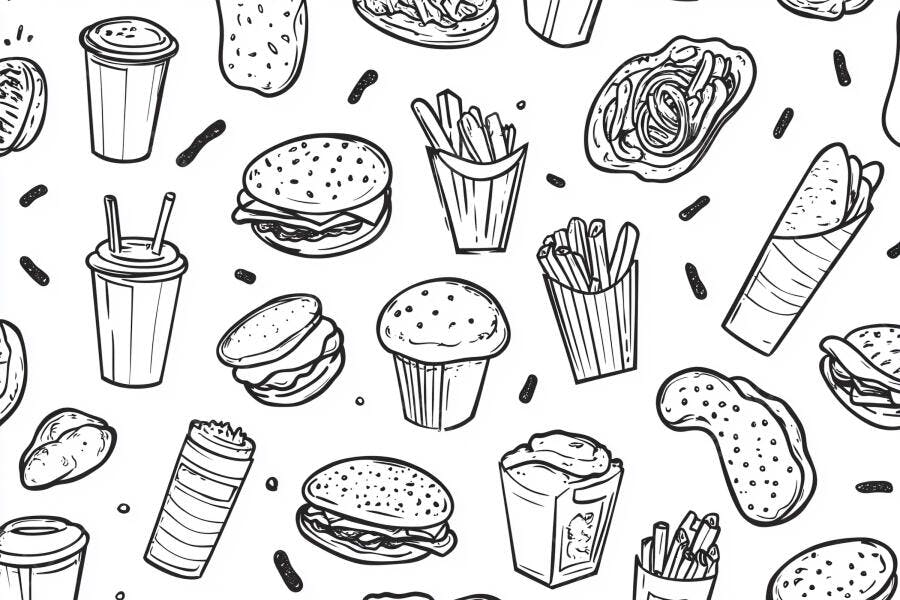 Padrão sem emenda de comida rápida ilustrada em preto e branco