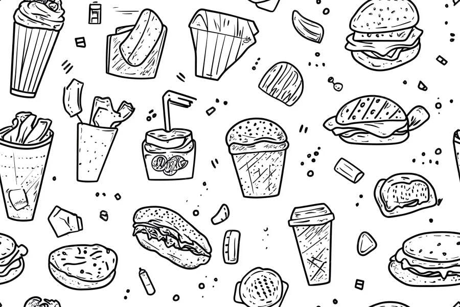 Padrão de ilustração de fast food com hambúrgueres batatas fritas e milkshakes