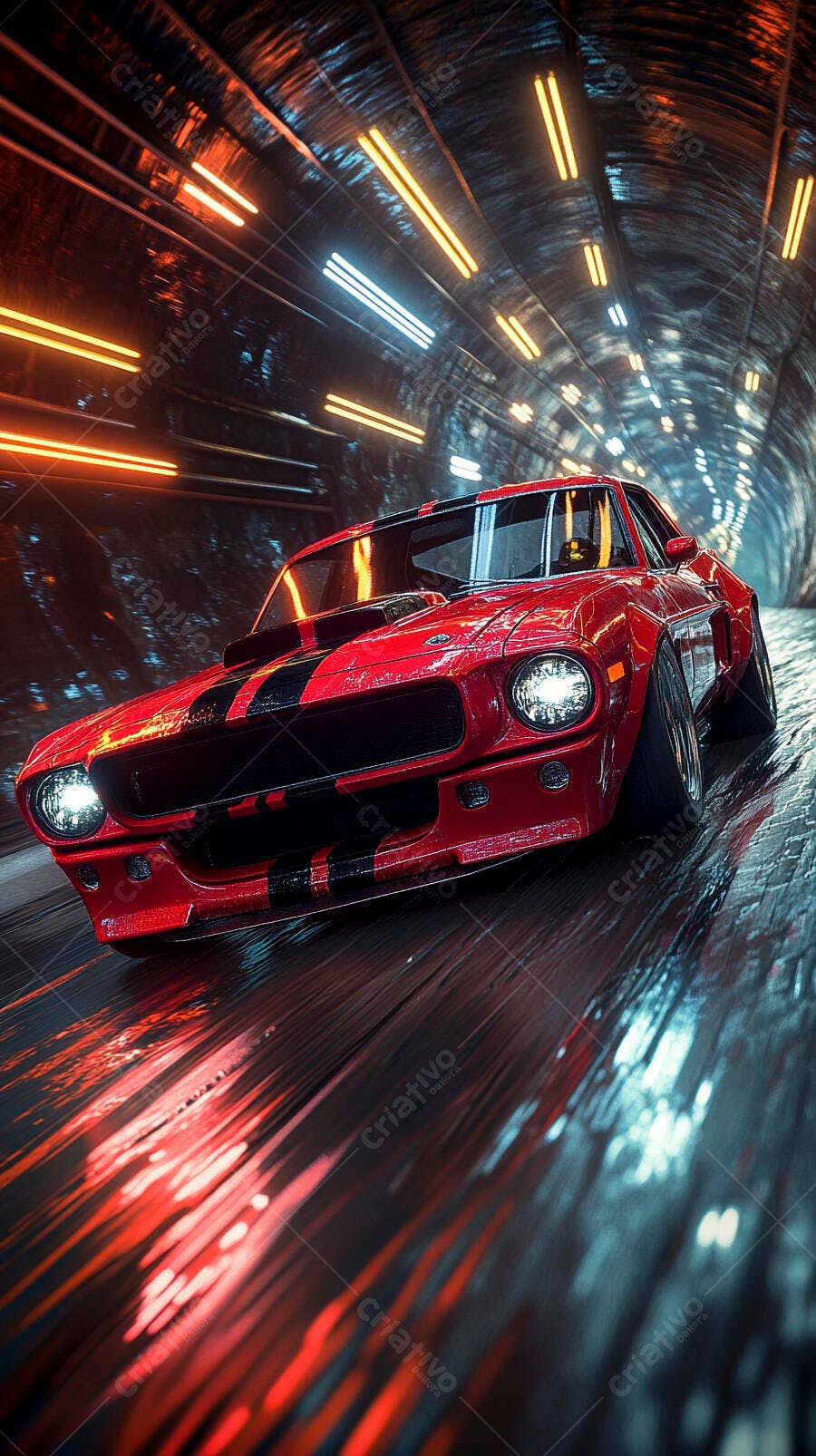 Carro esportivo vermelho com listras pretas em túnel iluminado neon