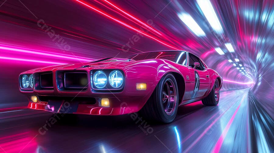 Carro esportivo rosa clássico em túnel neon futurista com luzes de velocidade