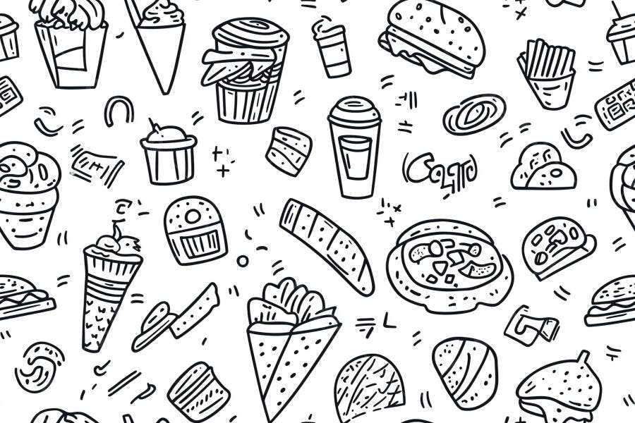 Padrão sem emenda de comida doodle preto e branco fast food e lanches