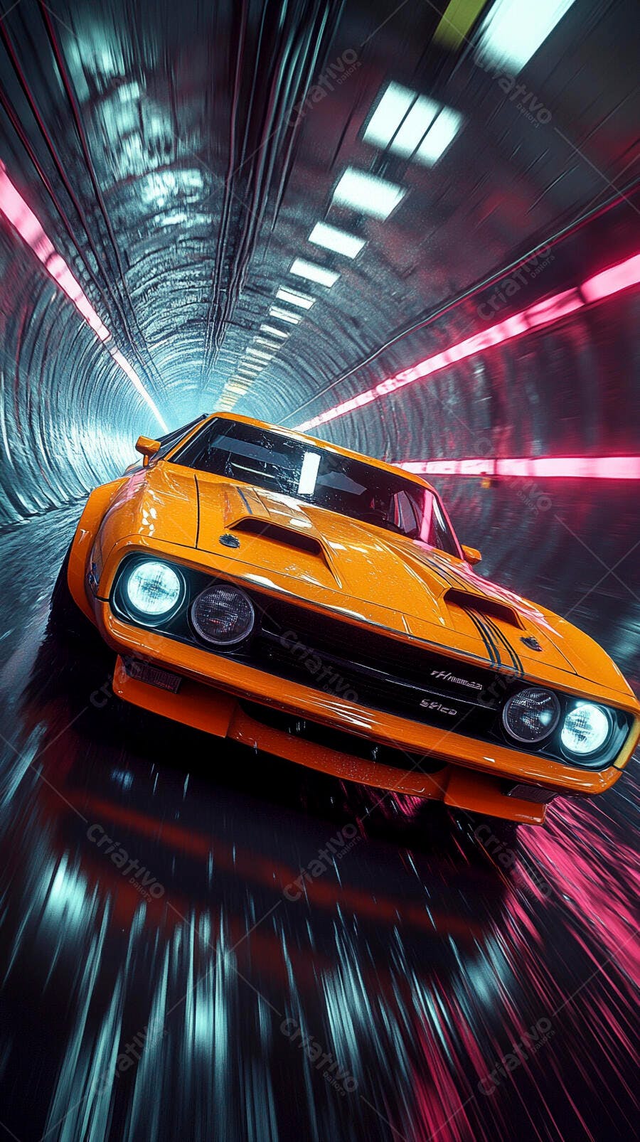 Carro esportivo laranja em túnel futurista com luzes neon e alta velocidade