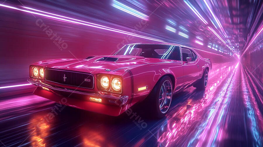 Carro esportivo rosa choque em túnel futurista com luzes neon vibrantes