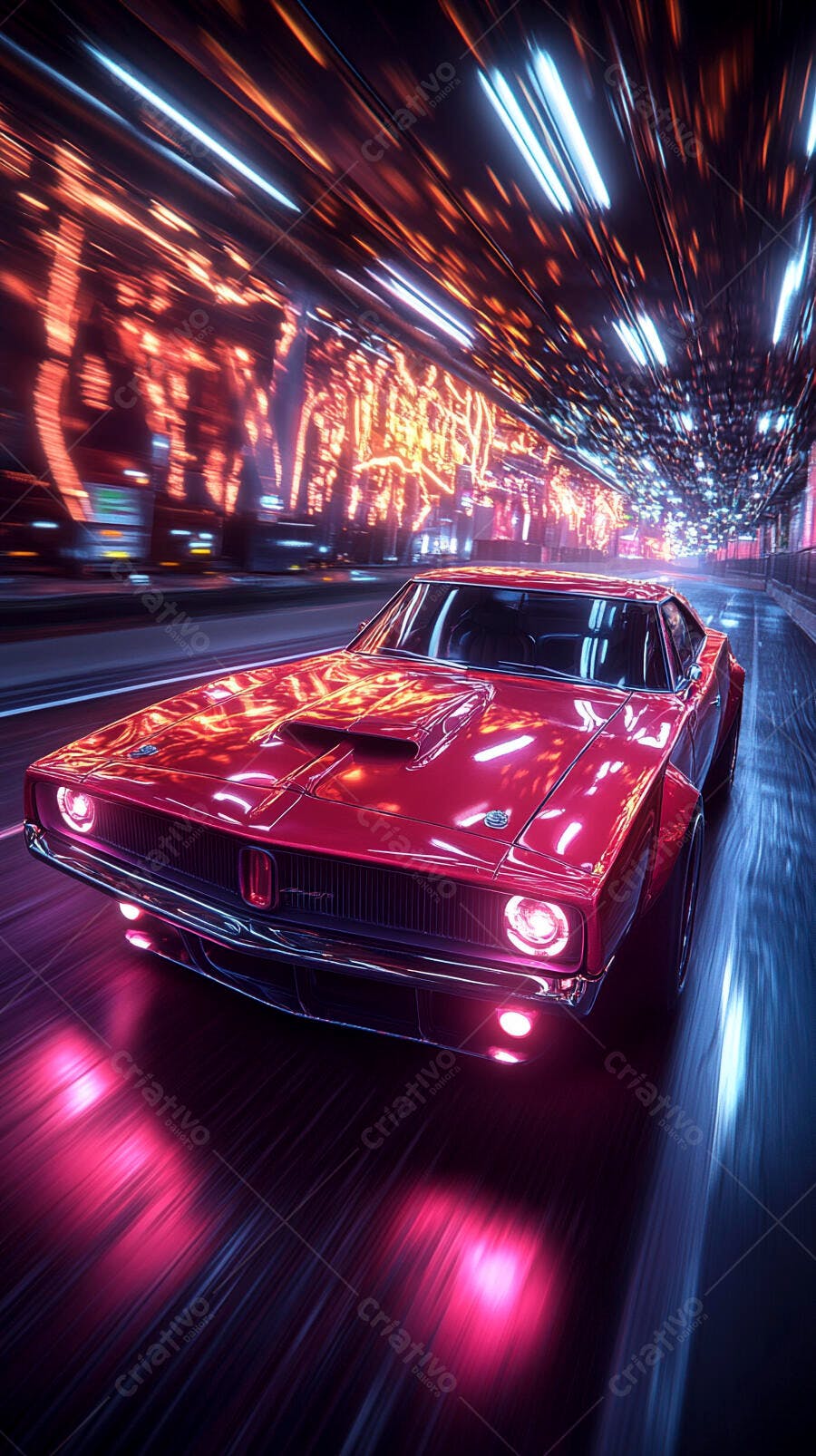 Muscle car vermelho clássico em rua urbana neon à noite com rastro de luz
