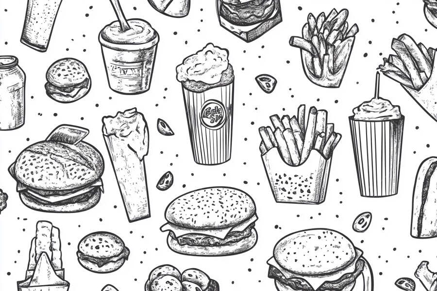 Padrão repetitivo de fast food preto e branco estilo rascunho