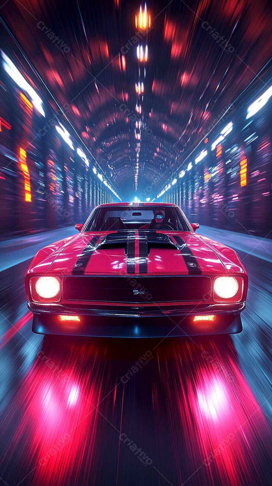 Carro esportivo vermelho em túnel futurista com luzes neon vibrantes