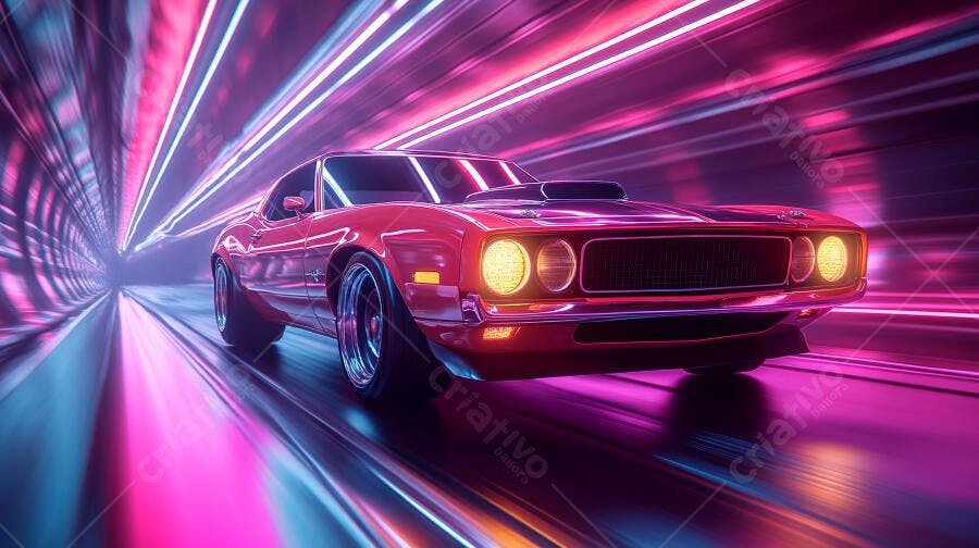 Carro esportivo vermelho em túnel neon futurista com luzes vibrantes