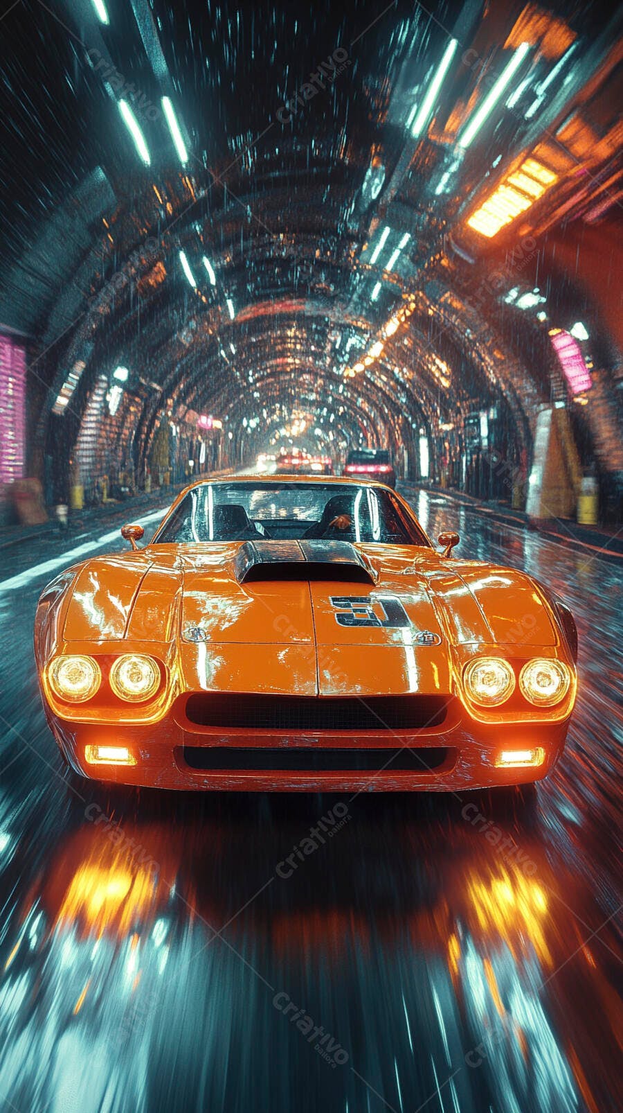 Carro esportivo laranja em túnel chuvoso iluminado com luzes neon azul e reflexos